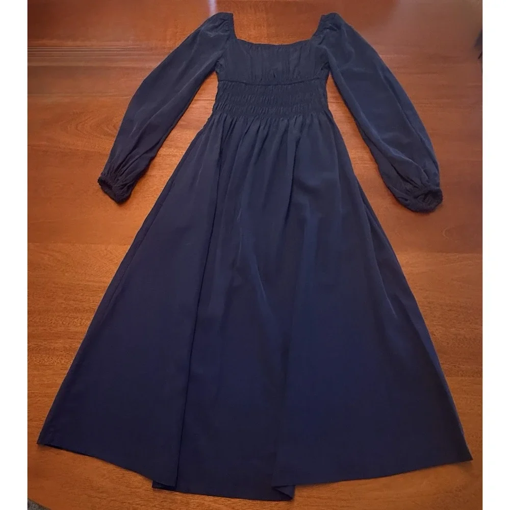 Hill House Home The Jasmine Nap Dress XXS Navy Blue Smocked Midi Long Sleeve NWT - Picture 5 of 13
